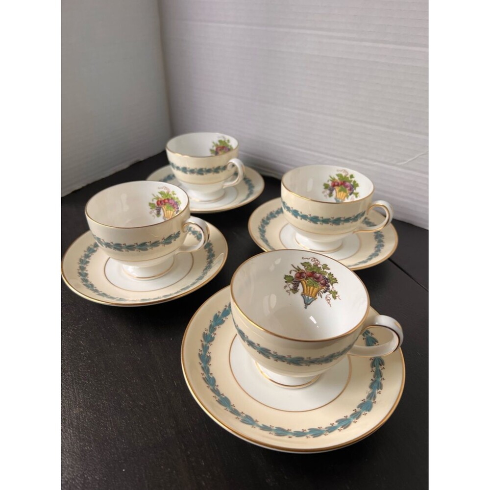 Wedgwood Appledore Cream Blue Floral Bone China Teacup and Saucer Set 4pc set